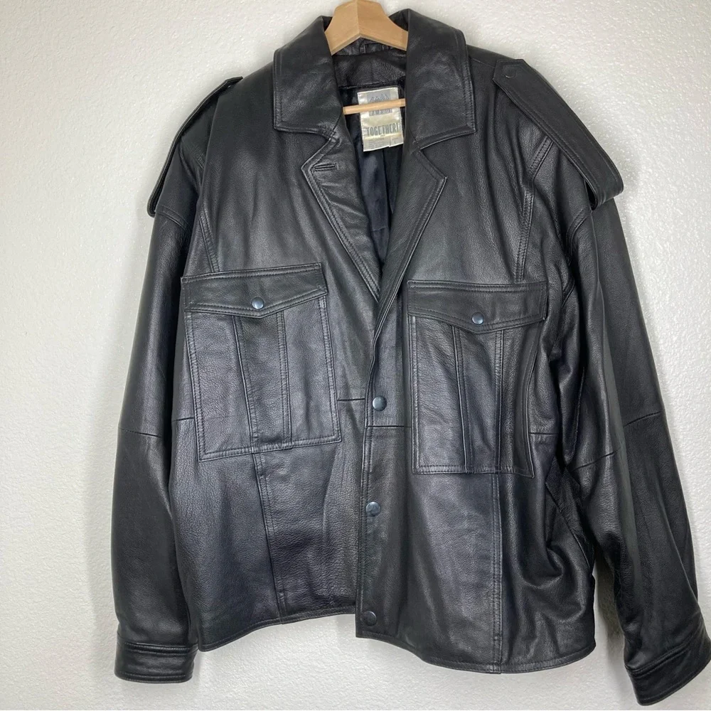 Vintage Together Oversized Bomber Leather Jacket Motorcycle Mens Large Black